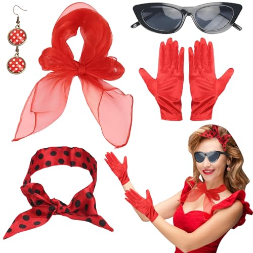 SPERMUOY Rockabilly Accessoires Damen 50er Jahre Kleid Zubehör,5TLG 50er Jahre Kleider Damen Accessoires mit Chiffon Schal Katzen Auge Brille,Rockabilly Kleider Damen Zubehör von SPERMUOY