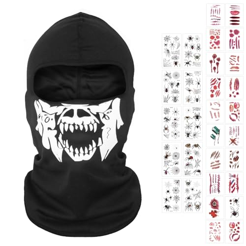 SPERMUOY Schädel Gesichtsmaske für Halloween, Skelett Maske Schwarz mit Spinne und Wunde Tattoo Aufkleber, für Cosplay/Ski/Motorrad SPERMUOY Schädel Gesichtsmaske für Halloween, Skelett Maske Schwarz mit Spinne und Wunde Tattoo Aufkleber, für Cosplay/Ski/Motorrad von SPERMUOY