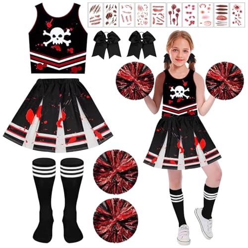 SPHERETRON Cheerleader Kostüm Halloween Mädchen Zombie Kostüm Set Zombie Cheerleadermit Pompoms Tätowieren Aufkleber Geeignet Für Halloween Karnevalspartys (M) von SPHERETRON