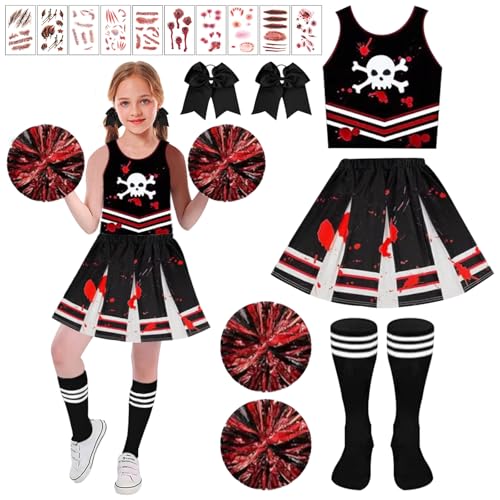 SPHERETRON Cheerleader Kostüm Halloween Mädchen Zombie Kostüm Set Zombie Cheerleadermit Pompoms Tätowieren Aufkleber Geeignet Für Halloween Karnevalspartys (S) von SPHERETRON
