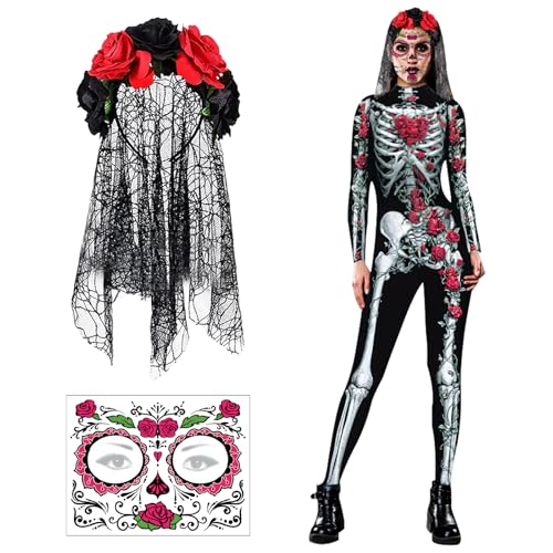 SPHERETRON Tag der Toten Kostüm Damen Dia de los Muertos Kostüm Kostüm Tag der Toten Damen Karneval Tag Der Toten Mit Kopfschmuck Und Gesichtsaufklebern für Karneval Halloween Kostümparty SPHERETRON Tag der Toten Kostüm Damen Dia de los Muertos Kostüm Kostüm Tag der Toten Damen Karneval Tag Der Toten Mit Kopfschmuck Und Gesichtsaufklebern für Karneval Halloween Kostümparty von SPHERETRON