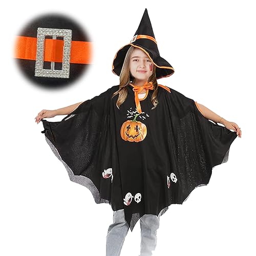 SPHERETRON Halloween Kostüm Kinder,Kürbis kostüm kinder Set mit Kürbis Umhang und 1 Hexenhut,Fledermaus kostüm Kinder Halloween Kostüm.(Schwarz) von SPHERETRON