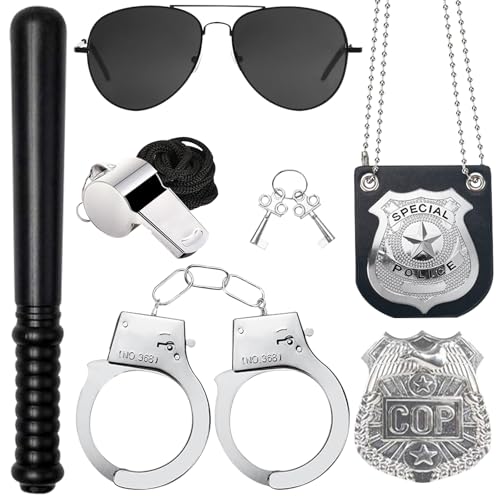 SPHERETRON Polizei Kostüm Zubehör Handschellen Kinder 7 Stück Polizei Zubehör Polizei Handschellen Kinder Polizei AusrüStung Accessoires Polizeikostüm Damen Zubehör für Karneval Polizei Cosplay von SPHERETRON
