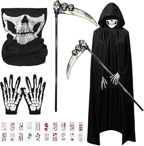 SPHERETRON Sensenmann Kostüm,Sensenmann Schwarz Umhang mit Kapuze,Sensenmann Sense,Schädelmaske,SchädeHandschuhe,20 Tattoos,Halloween Kostüm Sensenmann Erwachs für Halloween Cosplay usw(170cm) von SPHERETRON