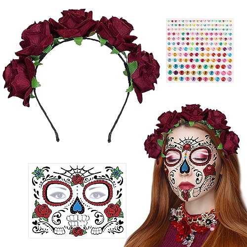 SPHERETRON Tag der Toten Haarreif,Halloween Haarreif Damen,Halloween Rose Haarband Accessoire mit Roses 1 Gesicht Tattoos,1 Diamant Aufkleber,Halloween Haarreif Set für Halloween Cosplay usw von SPHERETRON