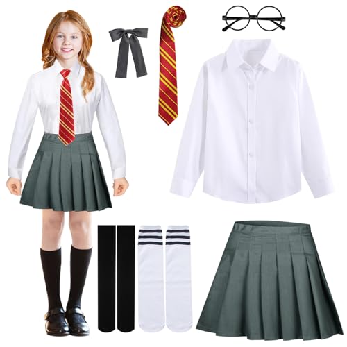 SPHERETRON Zauberer Set 5 Stück Zauberer Cosplay Kostüm Zauberer Outfit Halloween Kostüme Mädchen Damen Faltenrock mit Brille Krawatte Socken für Kinder Erwachsene Halloween Karneval Cosplay (M) von SPHERETRON