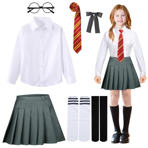 SPHERETRON Zauberer Set 5 Stück Zauberer Cosplay Kostüm Zauberer Outfit Halloween Kostüme Mädchen Damen Faltenrock mit Brille Krawatte Socken für Kinder Erwachsene Halloween Karneval Cosplay (S) von SPHERETRON