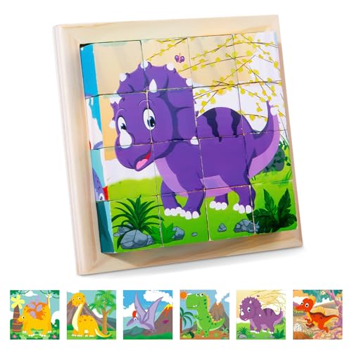SPHERETRON Würfelpuzzle Holz Holzpuzzle 3D Würfelpuzzle Dinosaurier Puzzlespiele 6 in 1 Tier-Motive Montessori Lernspielzeug Holzspielzeug Geschenk Spielzeug für Kinder ab 1 2 3 Jahre von SPHERETRON