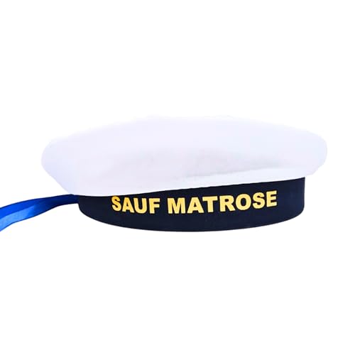 SPIELFERKEL Sauf Matrose Mütze – Weiße Matrosenkappe mit dunkelblauem Band & goldfarbener Stickerei – Partyhut für Erwachsene, JGA, Festivals & Motto-Feiern – Unisex, Leicht, Komfortabel von SPIELFERKEL Saumäßiger Spaß