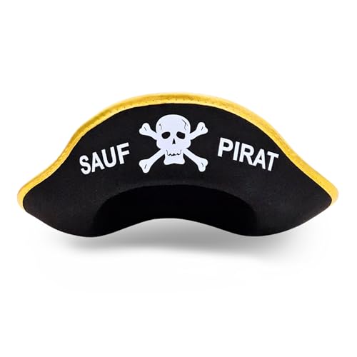 SPIELFERKEL Sauf Pirat Hut – Schwarzer Piratenhut mit Totenkopf-Print – Lustige Kopfbedeckung für Erwachsene, JGA, Festivals & Motto-Partys – Unisex, Leicht, Komfortabel, Party-Accessoire von SPIELFERKEL Saumäßiger Spaß