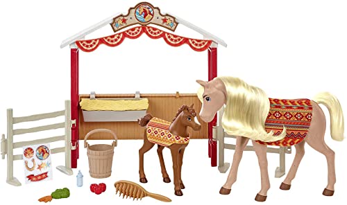 Dreamworks Spirit GXF53 - frei und ungezähmt" Stallfreunde Spielset mit 2 Pferden (ca. 20cm & 13cm), Pferdekoppel und Zubehör für die Pferdefütterung, tolles Geschenk für Kinder ab 3 Jahren von Dreamworks Spirit