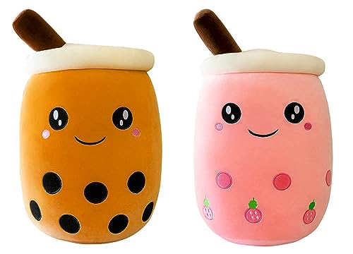 SPIRTUDE 2Pcs Nette Bubble Tea Kuscheltier Strawberry Plüsch Gefüllte Bubble plüschtier Cartoon Milch Tee Tasse Squishy Kissen 24cm (Brown Boba+Strawberry Plush) von SPIRTUDE