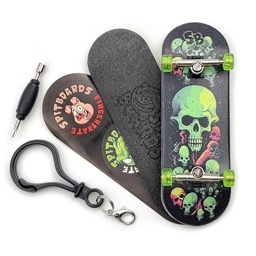 SPITBOARDS 32 * 96 mm Fingerboard Complete Wood Set-Up Assembled, 5-Layers, Silver Trucks with Bushings and Nuts, CNC Bearing Wheels in Transparent-Green, Lasered Grip Tape Lime Green Skull and Bones von SPITBOARDS