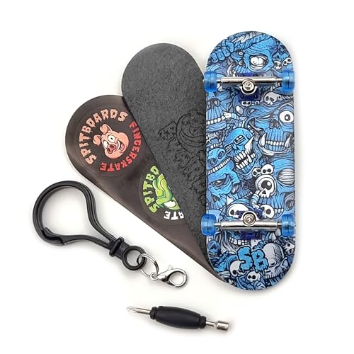 SPITBOARDS 32 * 96 mm Fingerboard Complete Wood Set-Up Assembled, 5-Layers, Silver Trucks with Bushings and Nuts, Transparent CNC Bearing Wheels, Lasered Foam Grip Tape Blue Mummy Skulls von SPITBOARDS