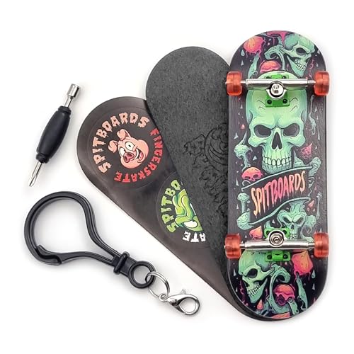 SPITBOARDS 32 * 96 mm Fingerboard Complete Wood Set-Up Assembled, 5-Layers, Silver Trucks with Bushings and Nuts, Transparent CNC Bearing Wheels, Lasered Foam Grip Tape Orange Green Skull von SPITBOARDS