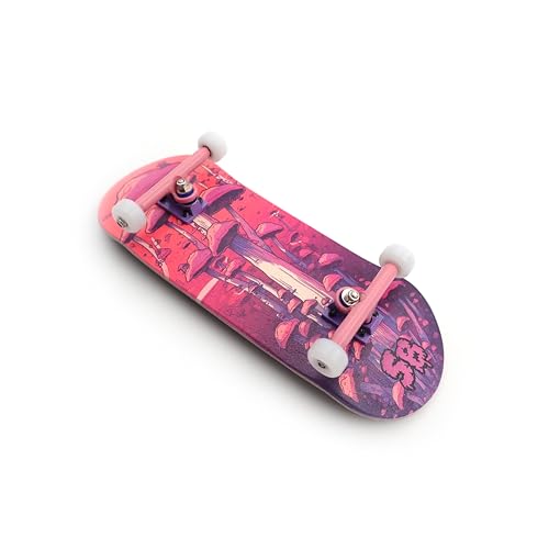 SPITBOARDS 34 x 96 mm Wood Fingerboard Complete Set-Up, Pre Assembled, 5-Layers Wood, Pro Trucks with Lock Nuts, CNC Bearing Wheels, Real Wear Graphics, Lasered Foam Grip Tape, Pink Mushrooms von SPITBOARDS