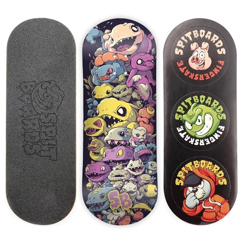 SPITBOARDS 34mm Fingerboard Deck - Real Wood (5-Layers) Classic Popsicle Street Shape - Size: 34 x 96 mm - Single Graphic Deck (Real Wear) - Optimized Concave - Freak Show von SPITBOARDS