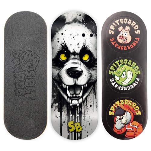 SPITBOARDS 34mm Fingerboard Deck - Real Wood (5-Layers) Classic Popsicle Street Shape - Size: 34 x 96 mm - Single Graphic Deck (Real Wear) - Optimized Concave - Hungry Panda von SPITBOARDS
