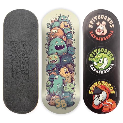 SPITBOARDS 34mm Fingerboard Deck - Real Wood (5-Layers) Classic Popsicle Street Shape - Size: 34 x 96 mm - Single Graphic Deck (Real Wear) - Optimized Concave - Monster Party von SPITBOARDS