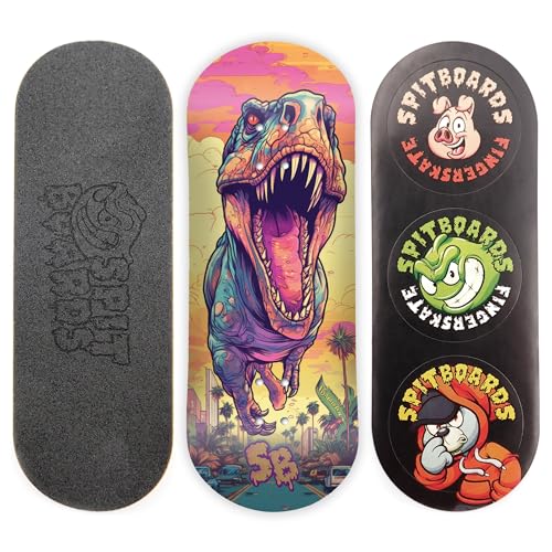 SPITBOARDS 34mm Fingerboard Deck - Real Wood (5-Layers) Classic Popsicle Street Shape - Size: 34 x 96 mm - Single Graphic Deck (Real Wear) - Optimized Concave - t-rex von SPITBOARDS