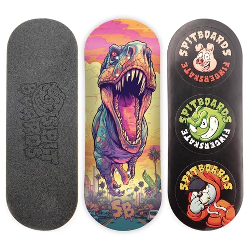 SPITBOARDS 34mm Fingerboard Deck - Real Wood (5-Layers) Classic Popsicle Street Shape - Size: 34 x 96 mm - Single Graphic Deck (Real Wear) - Optimized Concave - t-rex von SPITBOARDS