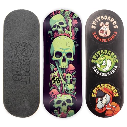 SPITBOARDS 34mm Fingerboard Deck - Real Wood (5-Layers) Classic Popsicle Street Shape - Size: 34 x 96 mm - Single Graphic Deck (Real Wear) - Optimized Concave - slimey Skulls von SPITBOARDS