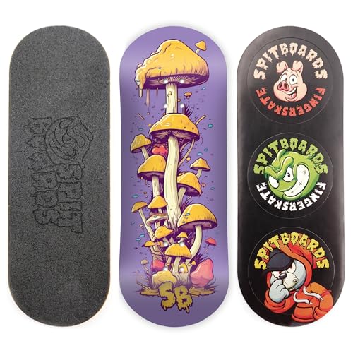SPITBOARDS 34mm Fingerboard Deck - Real Wood (5-Layers) Classic Popsicle Street Shape - Size: 34 x 96 mm - Single Graphic Deck (Real Wear) - Optimized Concave - Mushroom Cheese von SPITBOARDS