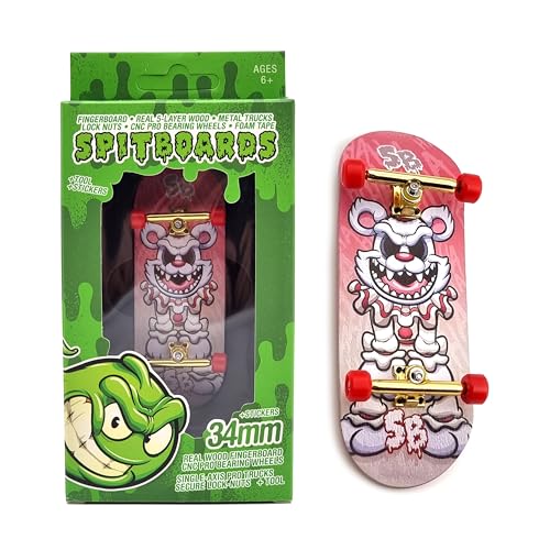 SPITBOARDS 34mm x 96mm Pro Fingerboard Set-Up (Complete) | Real Wood Deck | Pro Trucks with Lock-Nuts and Pro Bushings | Polyurethane Pro Wheels with Bearings | Hahaha Clown von SPITBOARDS