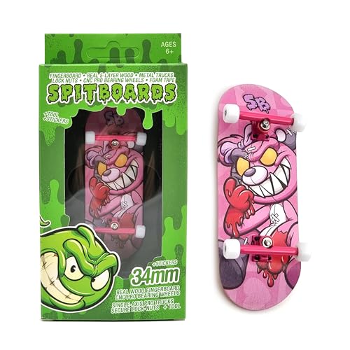 SPITBOARDS 34mm x 96mm Pro Fingerboard Set-Up (Complete) | Real Wood Deck | Pro Trucks with Lock-Nuts and Pro Bushings | Polyurethane Pro Wheels with Bearings | Pink Teddy von SPITBOARDS