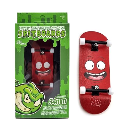 SPITBOARDS 34mm x 96mm Pro Fingerboard Set-Up (Complete) | Real Wood Deck | Pro Trucks with Lock-Nuts and Pro Bushings | Polyurethane Pro Wheels with Bearings | Red Face von SPITBOARDS
