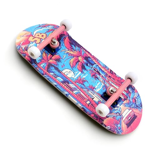 SPITBOARDS 36 x 96 mm Wood Fingerboard Complete Set-Up, Pre Assembled, 5-Layers Wood, Pro Trucks with Lock Nuts, CNC Bearing Wheels, Real Wear Graphics, Lasered Foam Grip Tape, Miami Street von SPITBOARDS