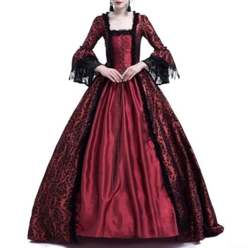 Damen Retro Ballkleid Mittelalter Spitzenkleid Gothic Kleid Cosplay Party Kostüm (L Rotwein) von SPORTARC