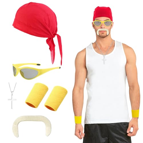 5-teiliges Halloween-Kostüm-Zubehör-Set für Erwachsene, enthält Bart-Bandana, Sonnenbrille, Halskette, Armbänder für Cosplay, Party, Damen und Herren, Gelb / Rot 5-teiliges Halloween-Kostüm-Zubehör-Set für Erwachsene, enthält Bart-Bandana, Sonnenbrille, Halskette, Armbänder für Cosplay, Party, Damen und Herren, Gelb / Rot von SPORTBANG