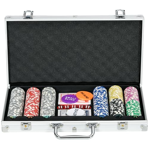 SPORTNOW Pokerkoffer Set, 300 Pokerchips 11,5 Gramm, Pokerset mit Schloss, 2 Pokerdecks, 5 Würfel, 1 Dealer Button, 1 Small Blind,1 Big Blind, Silber von SPORTNOW