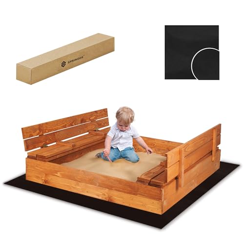 Holzsandkasten 120x120 cm mit Klappdeckel – Große Sandkiste mit Sitzbänken – Umweltfreundlich imprägniert, inkl. Geotextil – Sichere, wetterfeste Sandkiste für Kinder – SPRINGOS von SPRINGOS