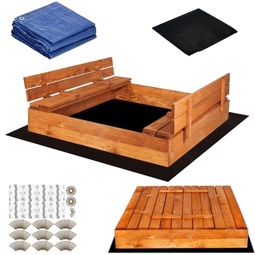 SPRINGOS Sandkasten mit Sitzbänken 120 x 120 cm Extra Vlies für Sandkästen und Abdeckplane Imprägniertes Holz Kinder- Spielplatz von SPRINGOS