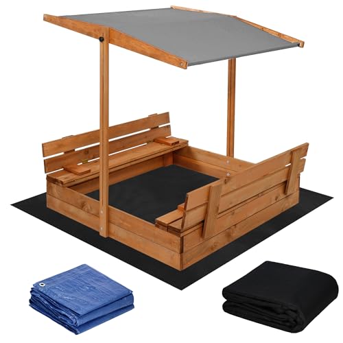 SPRINGOS Holzsandkasten Kindersandkasten Sitzbänke Dach 120 x 120 cm Extra Vlies und Abdeckplane von SPRINGOS