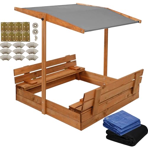 SPRINGOS Sandkasten aus Holz Schwenkbares & höhenverstellbares Dach Sandkiste mit Plane Holzsandkasten Sitzbänke Sandkasten Outdoor 120 x 120 x 120 cm von SPRINGOS