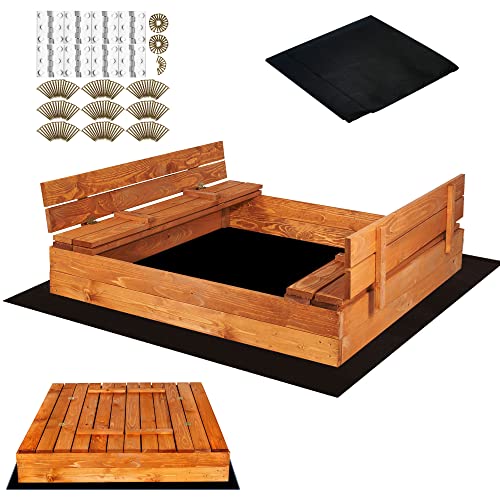SPRINGOS Sandkasten mit Sitzbank 120x120 cm Abdeckung Holz imprägniert Kinder-Sandkasten Spielplatz von SPRINGOS