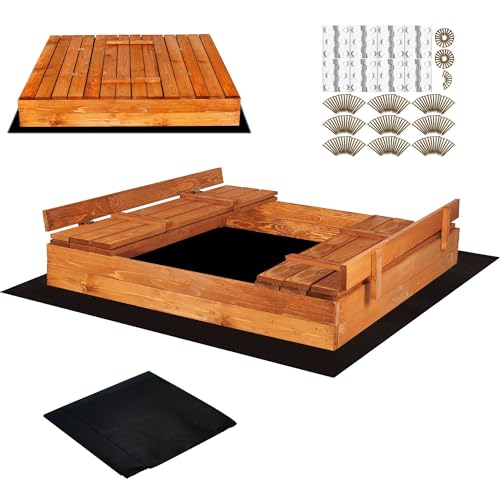 SPRINGOS Sandkasten mit Sitzbank 140 cm x 140 cm Abdeckung Holz Imprägniert Kindersandkasten Spielplatz von SPRINGOS