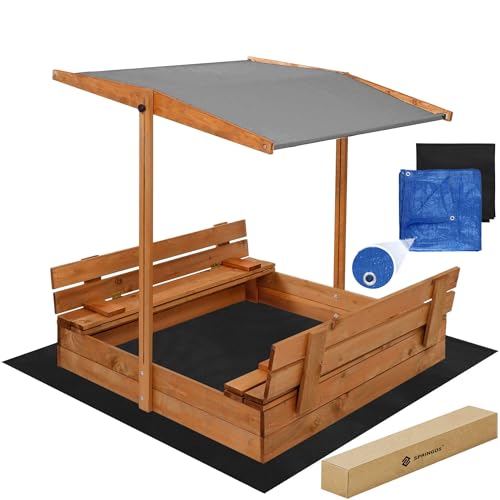 Sandkasten Holz 120x120 cm mit klappbaren Sitzbänken & Rückenlehnen – Outdoor Kindersandkiste mit Abdeckplane & Bodenvlies – Wetterfest & sicher – SPRINGOS von SPRINGOS