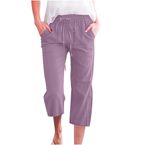 3/4 Cropped-Hose für Damen, Übergröße, Leinen, Baumwolle, Sommer, leger, gerades Bein, Caprihose mit Taschen, Kordelzug, Jogginghose für Loungewear, Urlaub, Alltag (02 Purple, 5XL) von SPSMOKH