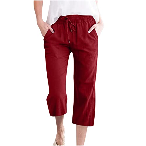 3/4 Cropped-Hose für Damen, Übergröße, Leinen, Baumwolle, Sommer, leger, gerades Bein, Caprihose mit Taschen, Kordelzug, Jogginghose für Loungewear, Urlaub, Alltag (03 Rot, 4XL) von SPSMOKH