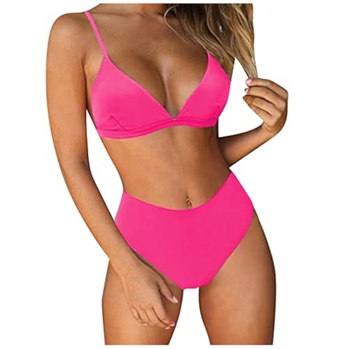 Bikini-Sets für Damen, hohe Taille, Badeanzüge für Damen, Spaghettiträger, Triangel-Bikini, Badeanzug, zweiteilig, Push-Up, separate Bademode, Bikinihose, Oberteil, BH (Hot Pink, L) von SPSMOKH