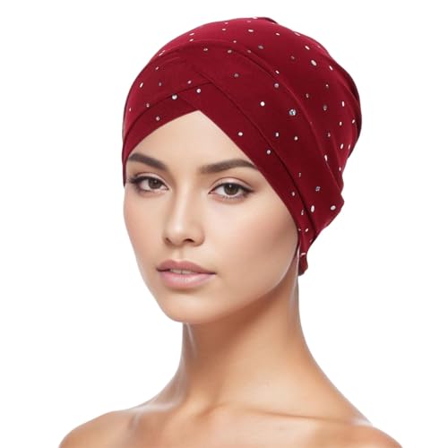 Chemo Turban Damen Beanie Mütze - Schimmerndes muslimisches Kopftuch, Diamantverziertes Kopftuch, vorgebundenes gedrehtes Dutt-Haarteil, weiches Stretch-Thermo-Schlafmütze (TYPE - 6, Einheitsgröße) von SPSMOKH