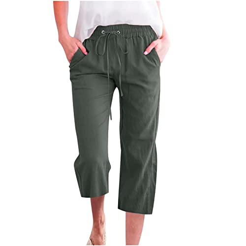 Damen 3/4 Cropped-Hose aus Leinen, Baumwolle, Übergröße, leger, gerades Bein, Caprihose mit Taschen, Kordelzug, Jogginghose für Loungewear, Urlaub, Alltag (01 Armeegrün, 4XL) von SPSMOKH