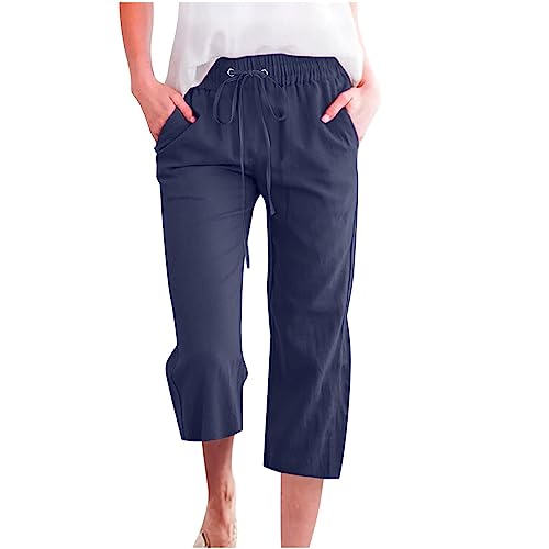Damen 3/4 Cropped-Hose aus Leinen und Baumwolle, Übergröße, leger, gerades Bein, Caprihose mit Taschen und Kordelzug, Jogginghose für Loungewear, Urlaub, Alltag (01 Navy, 3XL) von SPSMOKH
