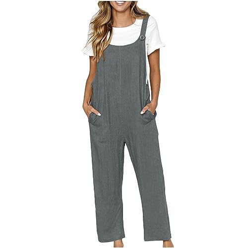 Damen Baumwolle Leinen Latzhose Vintage Einfarbig Weites Bein Overall mit Taschen Übergröße Arbeitshose für Büro Urlaub Alltag UK (01 Dunkelgrau, M) von SPSMOKH