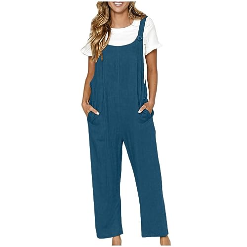 Damen Baumwolle Leinen Latzhose Vintage Einfarbig Weites Bein Overall mit Taschen Übergröße Arbeitshose für Büro Urlaub Alltag UK (02 Blau, XXL) von SPSMOKH