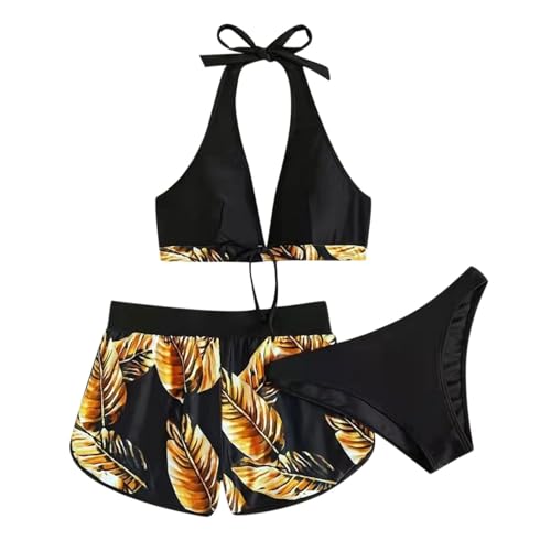 Damen-Bikini, 3-teilig, Palmblatt-Druck, hängender Hals-BH mit Triangel-Shorts, Badebekleidungs-Set (Gelb, XL) von SPSMOKH